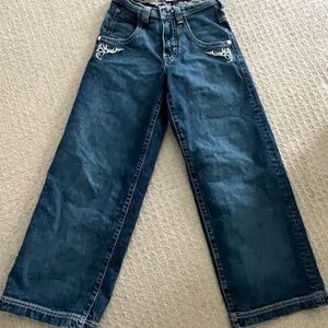 JNCO Karatz 23" Wide Leg jeans in a Dark Stone wash.